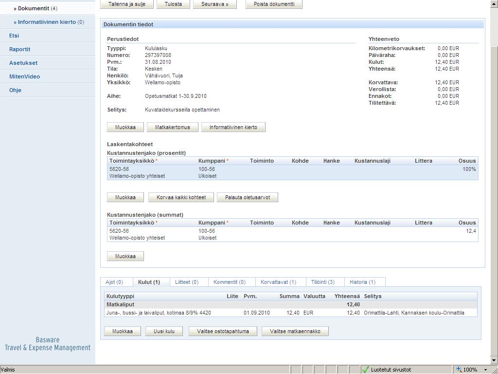 Uusi kululasku 3/4 näkymään: Tarkista tiedot ja korjaa tarvittaessa perustietoja muokkaa-painikkeella, kuluriviä klikkaamalla pääset muuttamaan kulurivin tietoja.