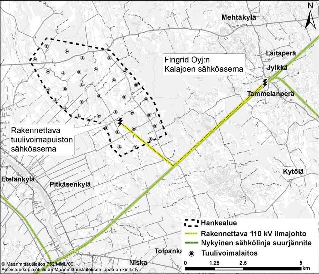FCG Finnish Consulting Group Oy Mustilankankaan tuulivoimapuiston YVA-ohjelma 14 Kuva 7. Tuulivoimaloiden, rakennettavan 110 kv ilmajohdon ja tuulivoimapuiston alustavat sijainnit.