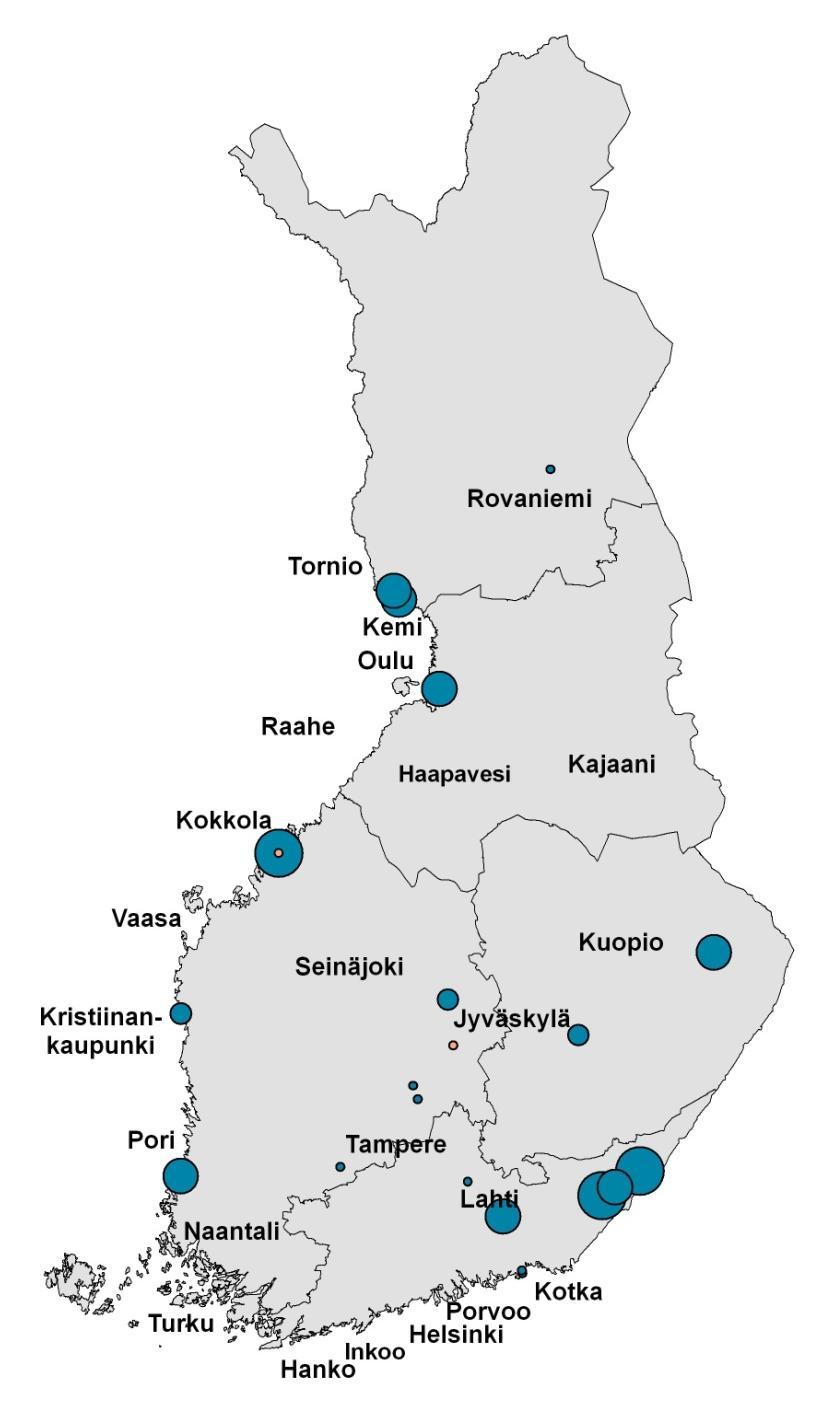 8 Facility specific biogenic CO2 emissions in Finland (2008) Bioperäisten hiilidioksidipäästöjen osuus huomattava Suomessa 9 % (11 facilities) Soveltamalla