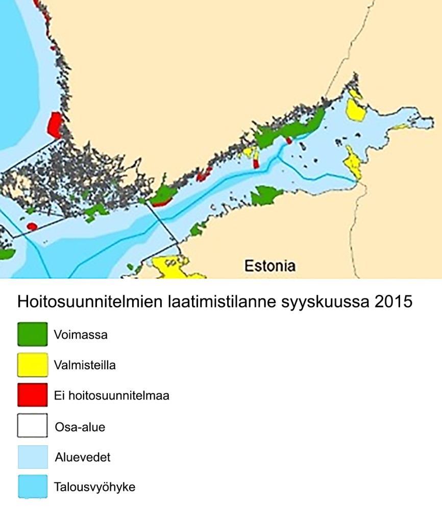 13 Figure 6-1. Itämeren suojelualueverkostoa koskevien hoitosuunnitelmien tilanne vuonna 2015 Suomenlahden osalta (HELCOM 2015). 6.3 Luontodirektiivin liitteen I luontotyypit Natura-tietolomakkeella on mainittu yksi luontodirektiivin liitteen I luontotyyppi, riutat (1170).