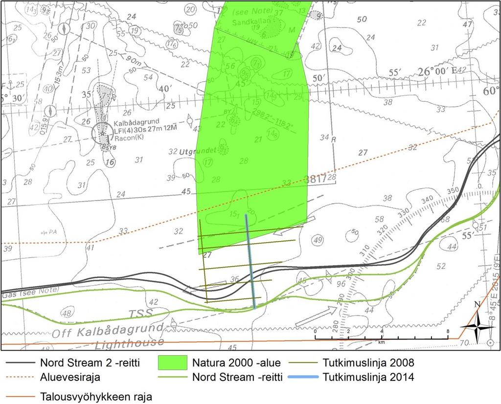 16 7.3 Tutkimuslinjojen tutkimukset Kalbådagrundin alueella Sandkallanin Natura 2000 -alueen ulkomerenpuoleisen reunan pohjien laatua, olosuhteita ja eliöstöä valituilla tutkimuslinjoilla on seurattu