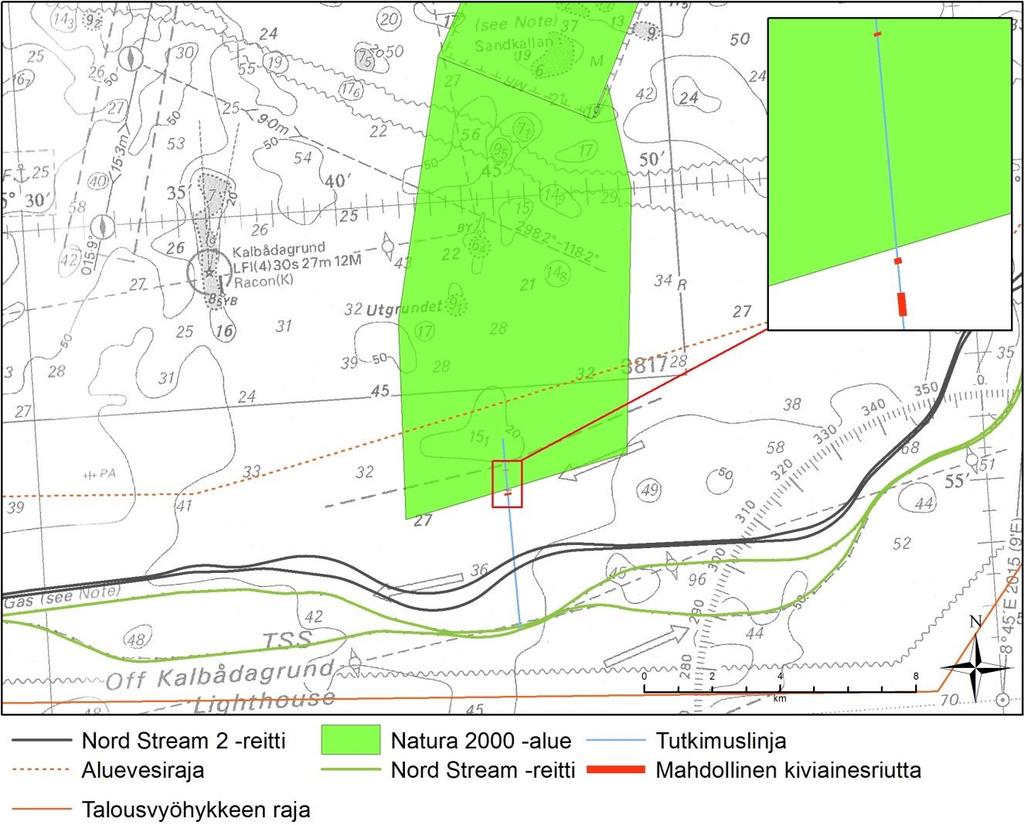 18 Kuva 7-4. Potentiaalisten kivikkoriuttojen sijainti tutkimuslinjalla vuonna 2014. Kuvassa on esitetty myös suunnitellun uuden putkilinjan reittivaihtoehdot.