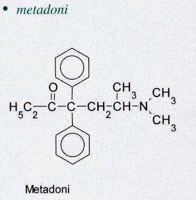 Metadoni nsynteettinen difenyylipropyyliamiinijohdos nhyötyosuus 50-85% p.o. neliminaation (CYP 3A4, 2D6, 1A2) t½ pitkä n.