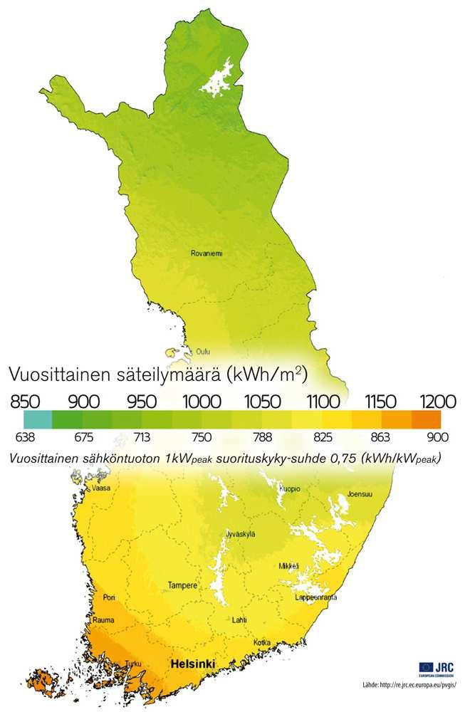 Aurinkoenergia Suomessa Ilmatieteenlaitoksen mittausten mukaan Suomessa paistaa aurinko keskimäärin 1684 tuntia vuodessa. Tämä merkitsee noin 4,7 aurinkotuntia päivää kohden.