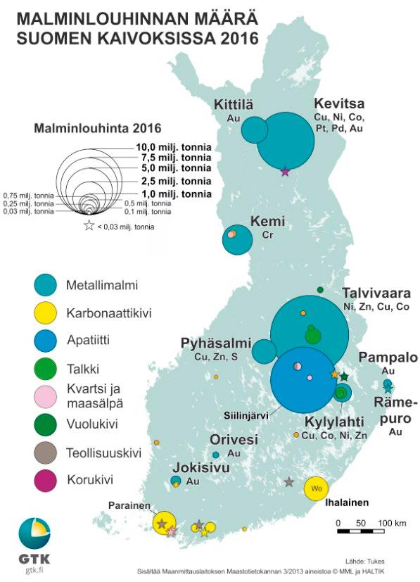 sintälupahakemusten määrä myös kertoo siitä, että kiinnostus malminetsintään on Suomessa taas kasvanut. Kuva 5. Toimivat kaivokset vuonna 2016.