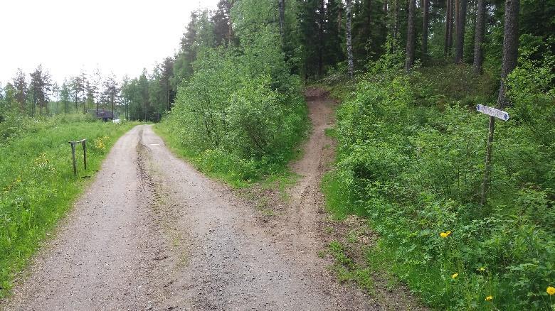 Polku laskeutuu isommalle hiekkatielle, paikalla on UKK-viitta /
