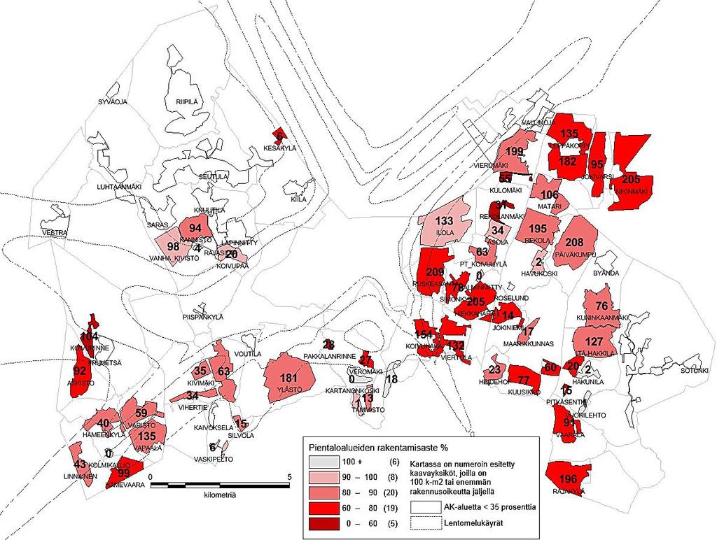 Pientaloalueiden rakentamisaste ja kaavayksiköt, joilla jäljellä rakennusoikeutta yli 100 k-m2 - Väreillä esitetty rakentamisaste - Numeroilla