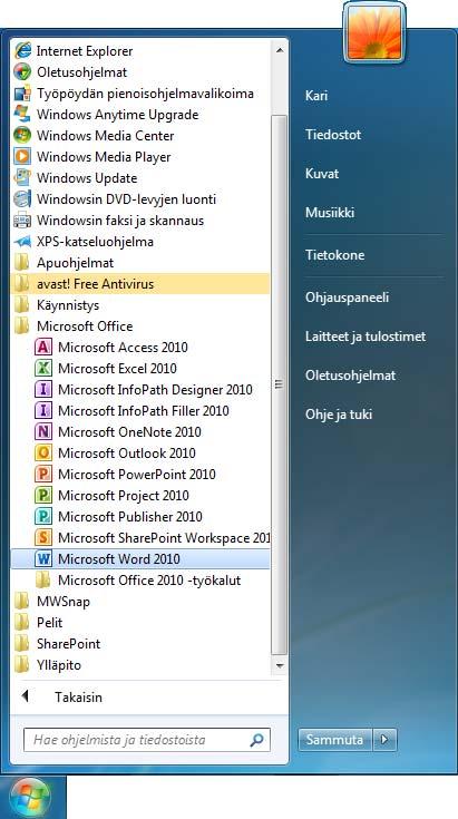 Ohjelman käyttäminen Ohjelman avaaminen Word 2010 Avaat kaikki Windows-ohjelmat samalla tavalla napsauttamalla Käynnistä (Start) -valikosta löytyvää ohjelman komentoriviä.