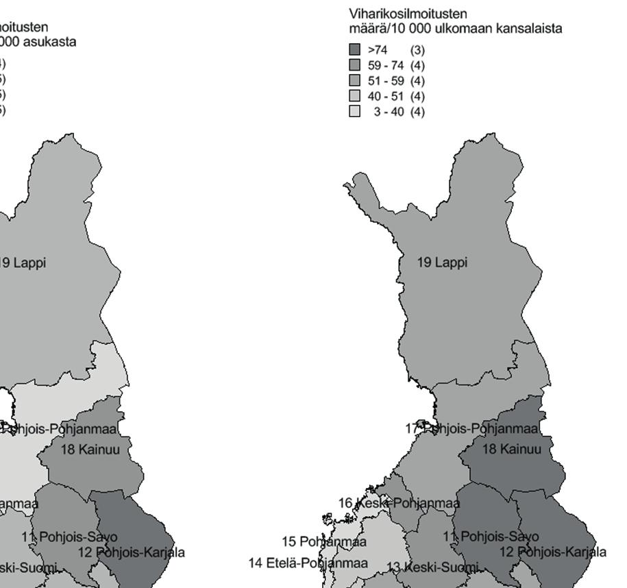Varsinais-Suomessa ja Pohjois-Pohjanmaalla. Näissä maakunnissa viharikosilmoituksia taas tehtiin määrällisesti enemmän. a) b) c) Kuvio 5.