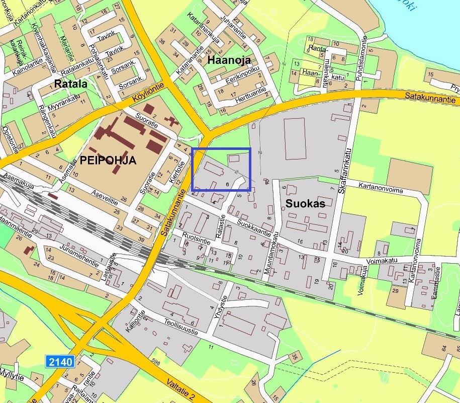 Kuvat 1 ja 2. Alueen sijainti opaskartalla. Kokemäen kaupunki. Suunnittelualue sijaitsee Kokemäen kaupungin, Peipohjan (103) kaupunginosassa, korttelissa 60. 1.3 Kaavan nimi ja tarkoitus Asemakaavan muutos on nimetty Fes Oy:n asemakaavaksi.