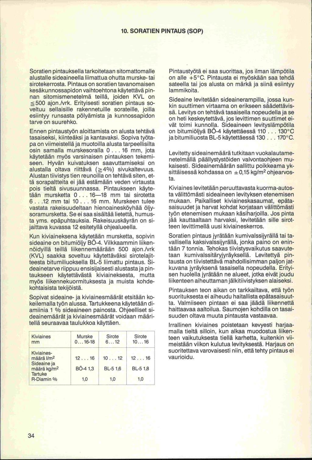 10. SORATIEN PINTAUS (SOP) Soratien pintauksella tarkoitetaan sitomattomalle alustalle sideaineella liimattua ohutta murske- tai sirotekerrosta.