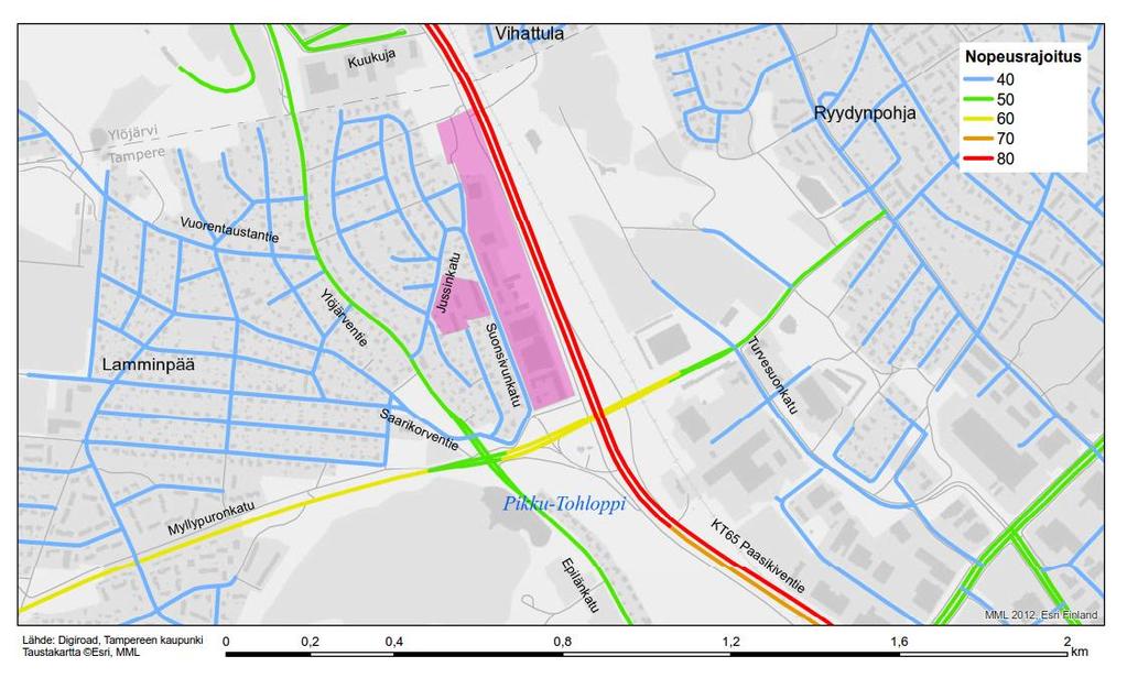 NOPEUSRAJOITUKSET, KEHITTÄMISTARPEITA Tarkastelualueen maankäyttöä palvelevilla liityntäkaduilla on 40 km/h nopeusrajoitus. 30 km/h?