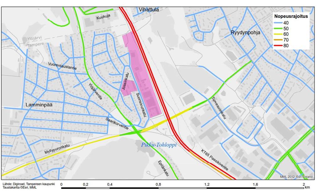 NOPEUSRAJOITUKSET Tarkastelualueen maankäyttöä palvelevilla kokoojakaduilla on 40 km/h nopeusrajoitus.