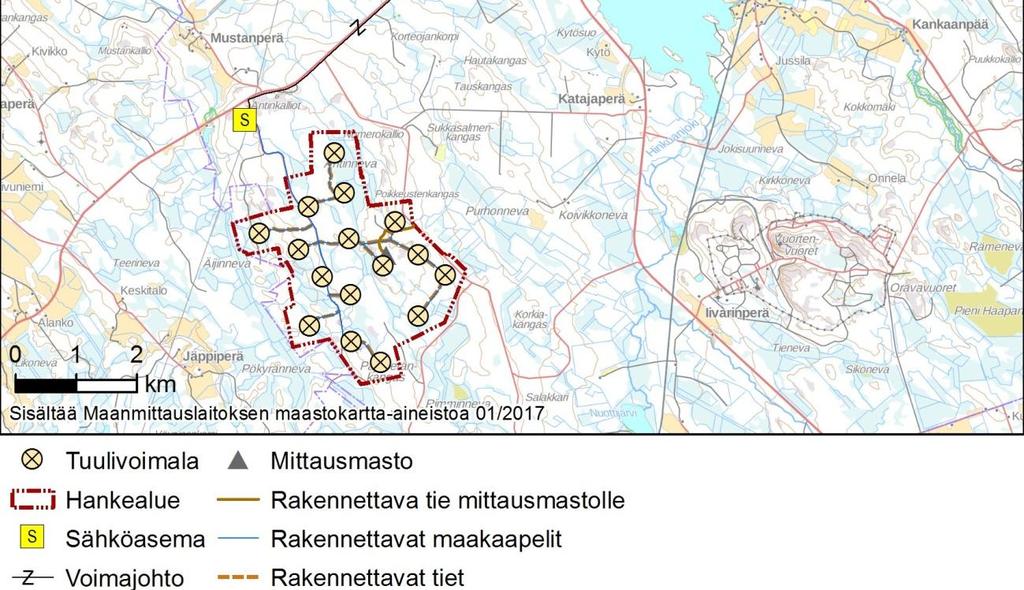 sähköasemalle (Kuva 4-2). Kuva 4-2. Tuulipuiston sähkönsiirtoreitti ja vaihtoehtoisten sähköasemien sijainnit.