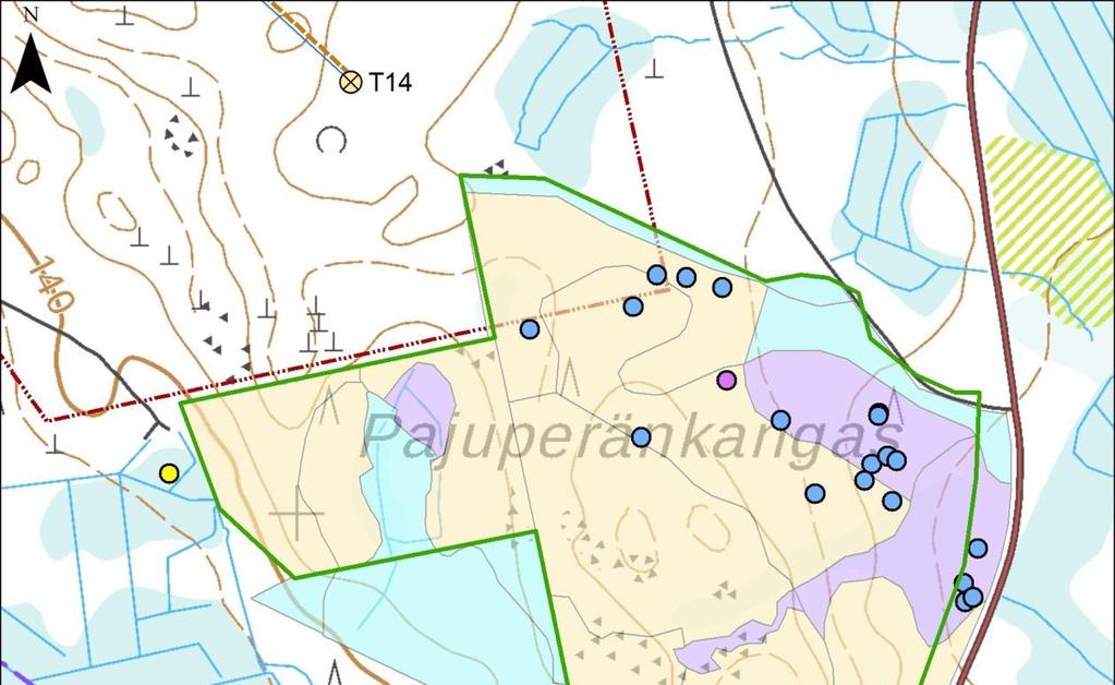 13 Kuva 5-1. Natura-alueen luontotyyppitiedot ja uhanalaiset lajiesiintymät (Metsähallitus 2017).