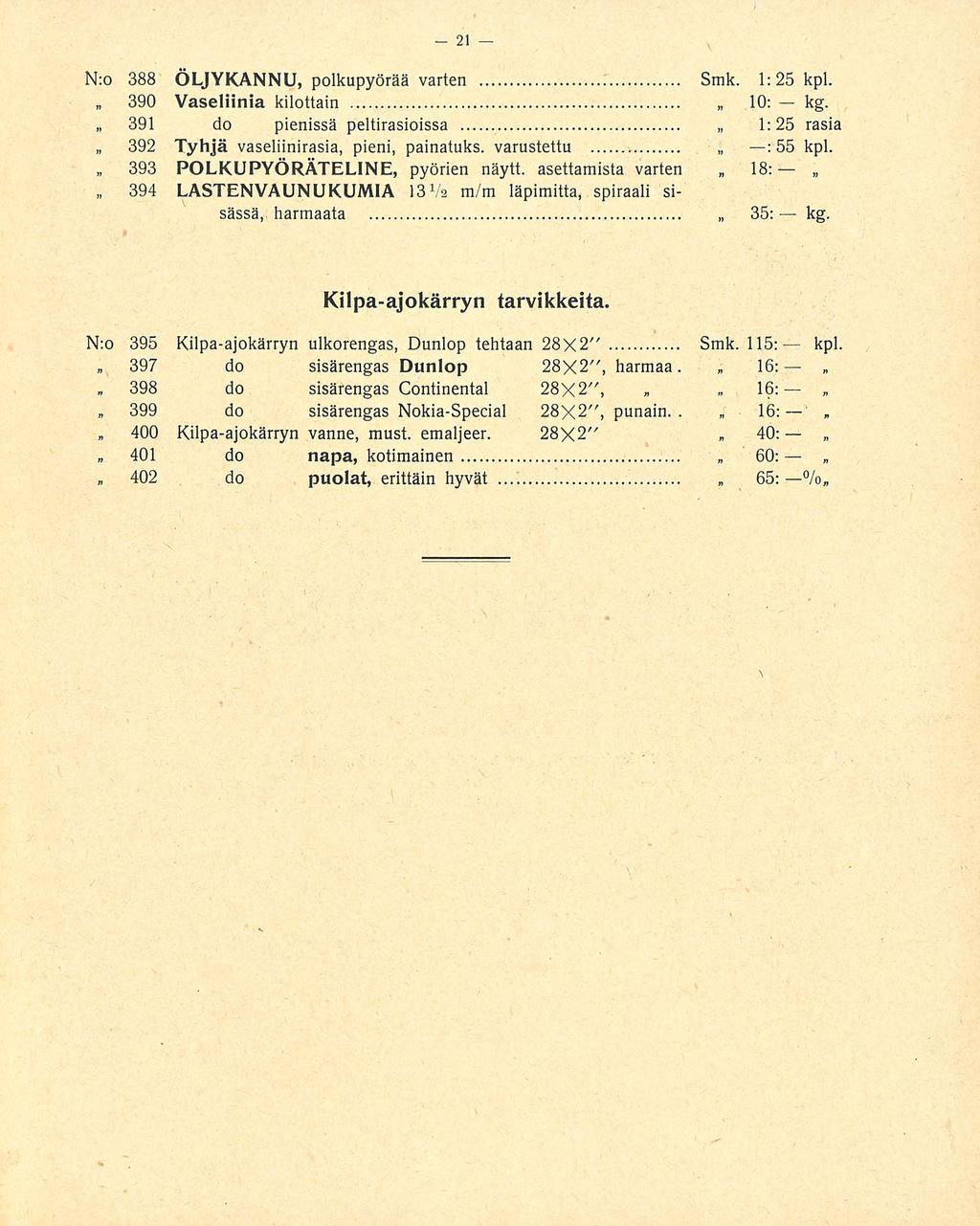 393 40: N:o 388 ÖLJYKANNU, polkupyörää varten Smk. 1:25 kpl. 390 Vaseliinia kilottain 10; kg. 391 do pienissä peltirasioissa 1:25 rasia 392 Tyhjä vaseliinirasia, : pieni, painatuks. varustettu 55 kpl.