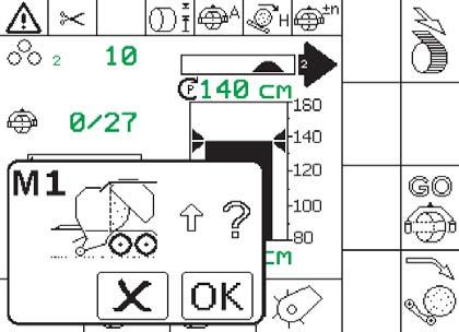 Komfort-hallintalaite 6. Ilmoitukset 6.. Kyselyilmoitus paalikammio Kyselyilmoitus "M" tulee näyttöön, kun luovutus paalikammiosta kääntöpöydälle on käynnistynyt, mutta sidonta ei ole vielä valmis.
