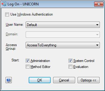 4 Asennus 4.4 UNICORN-ohjelmiston käynnistäminen ja järjestelmään yhdistäminen Vaihe 2 Toimi Log On -valintaruudussa: valitse User Name ja anna Password.