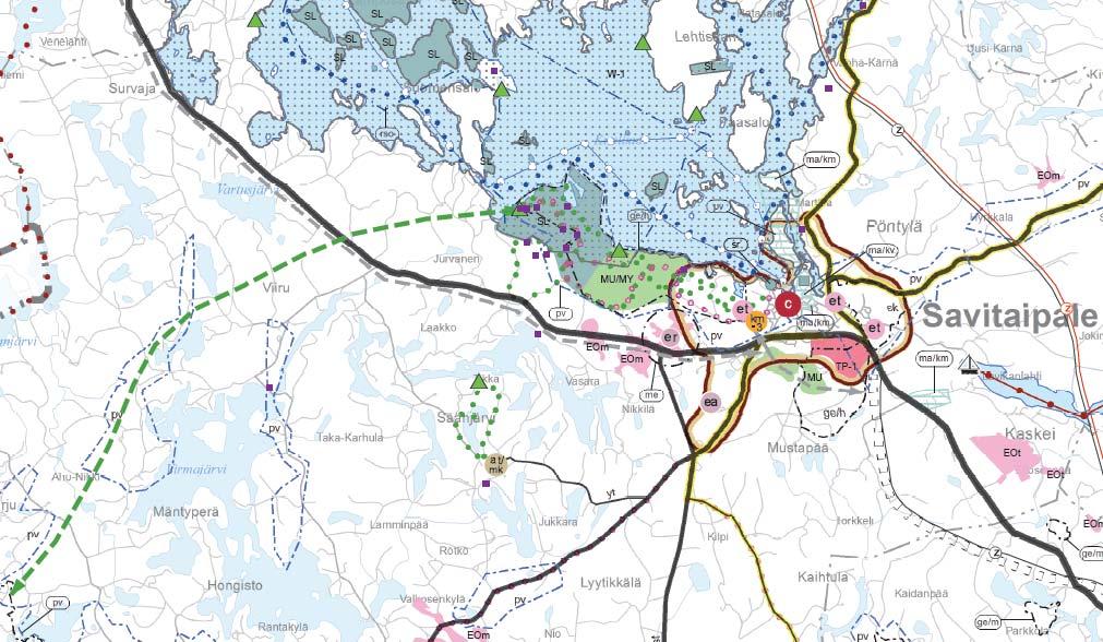 TIESUUNNITELMASELOSTUS 7 Kuva 2. Ote Etelä-Karjalan maakuntakaavasta, jossa näkyy luoteis-kaakkoissuunnassa kulkeva valtatie 13.