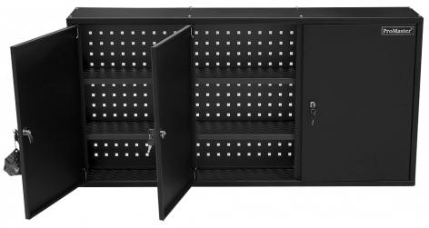 1 / 11 ProMaster -pulverimaalattua teräspeltiä -mitat L1200 x K600 x S200 mm -3-ovinen, lukittava, seinään kiinnitettävä malli -3 tasoa, joista 2 siirrettävää hyllyä
