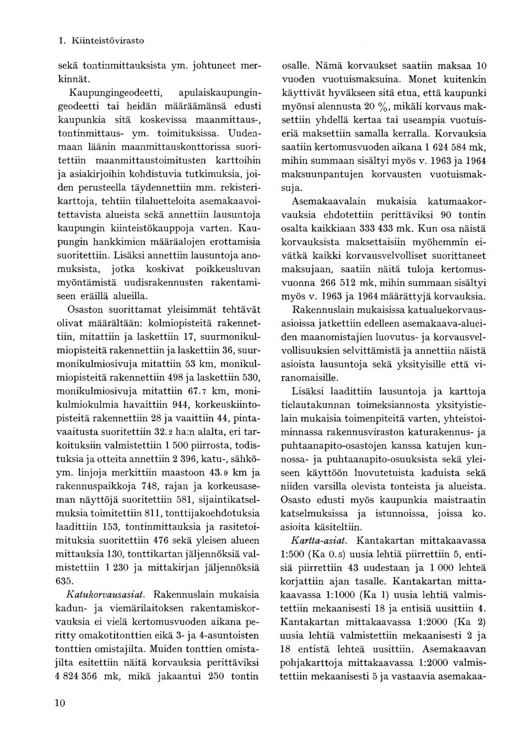sekä tontinmittauksista ym. johtuneet merkinnät. Kaupungingeodeetti, apulaiskaupungingeodeetti tai heidän määräämänsä edusti kaupunkia sitä koskevissa maanmittaus-, tontinmittaus- ym. toimituksissa.