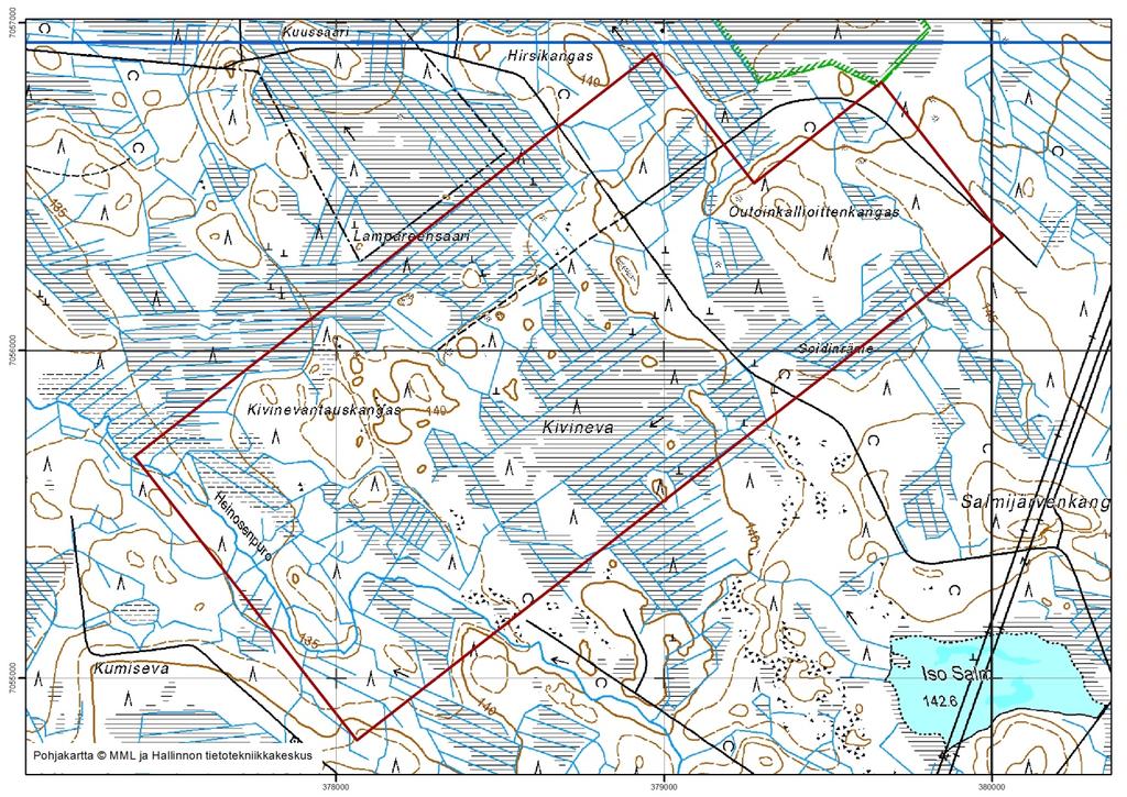 GEOLOGIAN TUTKIMUSKESKUS 4 Kuva 3. Vuo den 2012 mittausalue, mittauslinjojen suun ta on 322. vey lines is 322. 2.2 Figure 3. The 2012 survey area.