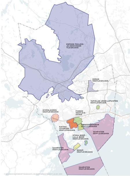 Vireillä olevat yleiskaavat Espoon pohjois- ja keskiosien yleiskaava Finnoonsataman osayleiskaava Kaitaa-Iivisniemi osayleiskaava Kivenlahden osayleiskaava