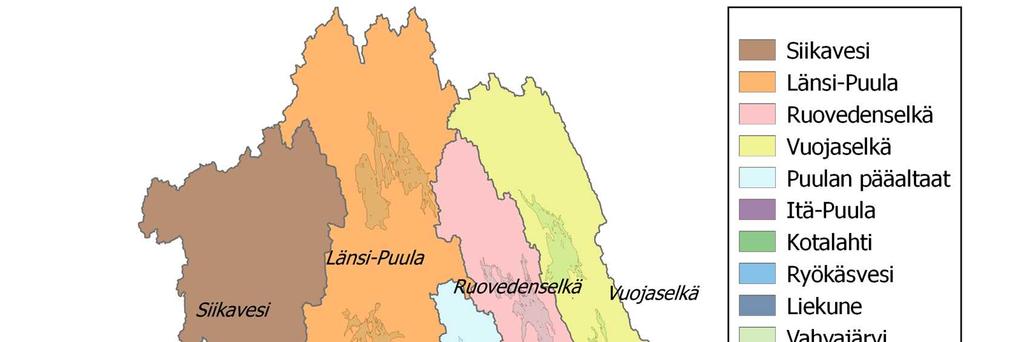 Kuva 6. Puulan järvialtaiden lähivaluma-alueet. Valuma-alueet SYKE, vesimuodostumat: SYKE, ELYkeskukset. Taulukko 3.
