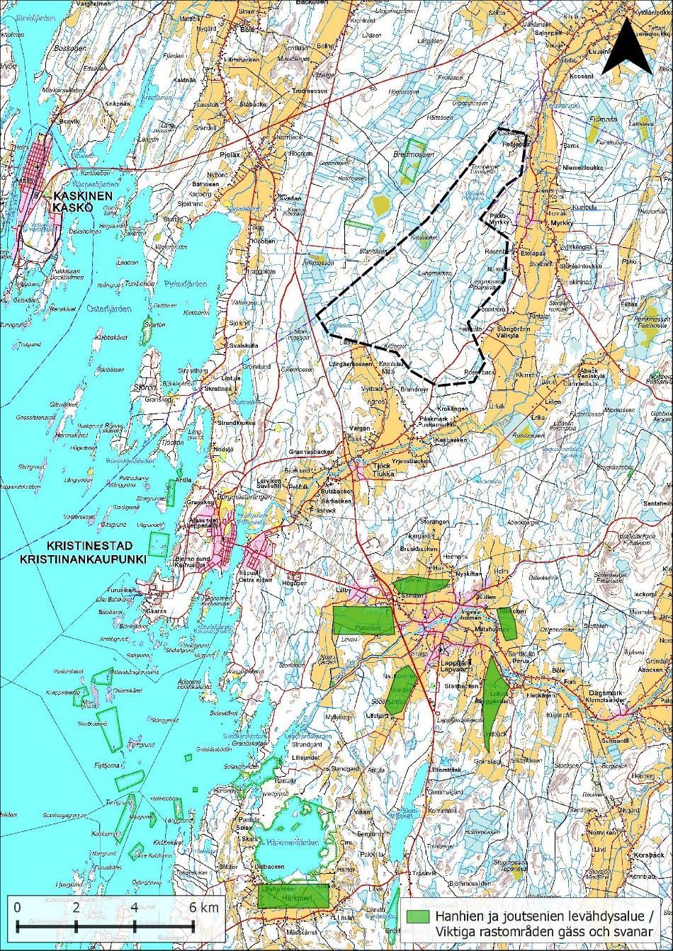 Kuva 77: Hanhien ja joutsenten tärkein levähdysalue on selvitysalueen eteläpuolella Härkmerissä ja Lapväärtissä.