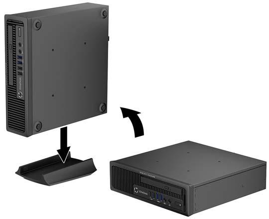 Tietokoneen kääntäminen pystyasentoon Ultra-slim Desktop -tietokonetta voidaan käyttää pystyasennossa tietokoneen mukana toimitetulla pystytelineellä. 1.