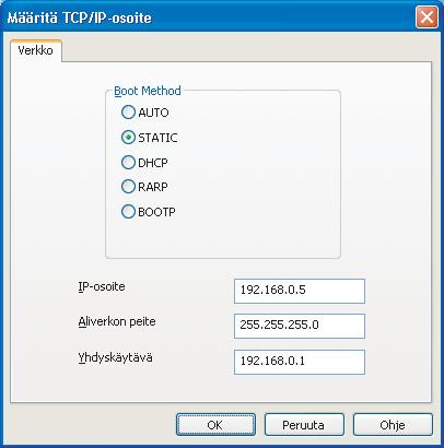 IP-osoitteen, aliverkon peitteen ja yhdyskäytävän määritys BRAdmin Light -apuohjelman avulla Jos verkossa on DHCP/BOOTP/RARP-palvelin, seuraava toimenpide voidaan