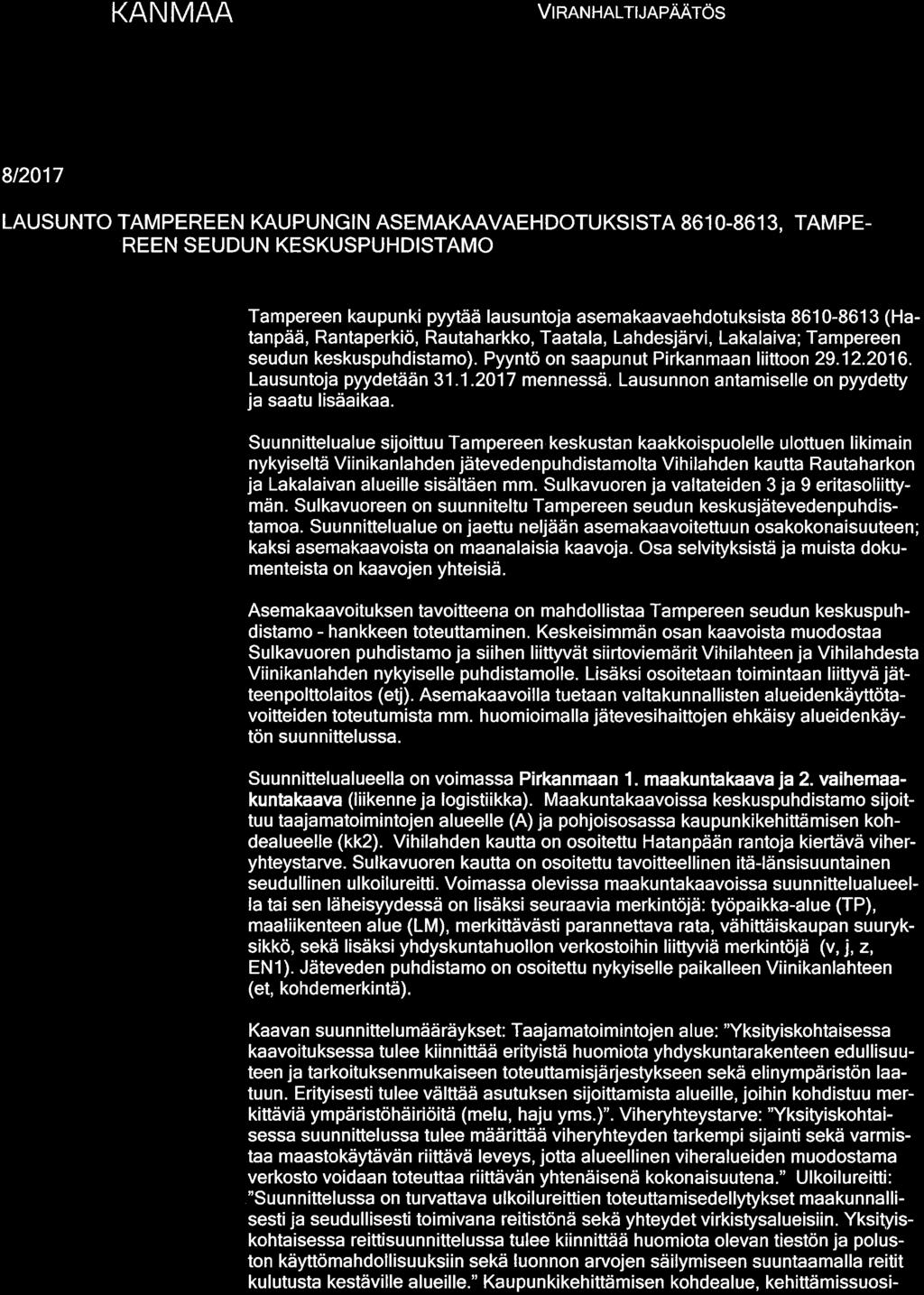 PIRKANMAA OTE: VlRANHALTUAPÄÄTÖS PL/7/03. 02.