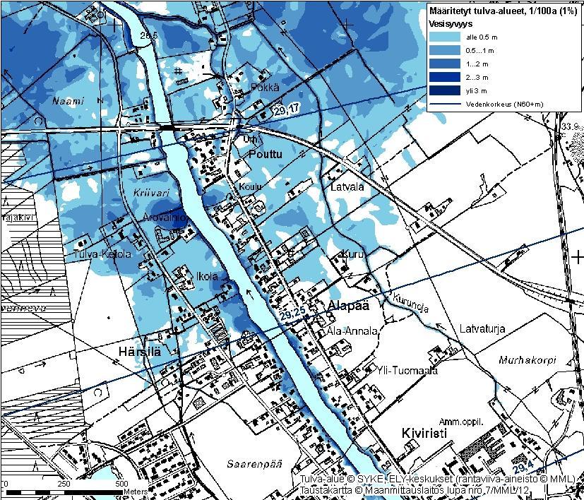 Merkittäville tulvariskialueille laaditaan tulvakartat vähintään viidelle tulvatilanteelle: - melko yleiselle tulvalle (5 %, 1/20 vuotta), - melko harvinaiselle tulvalle (2 %, 1/50 vuotta), -