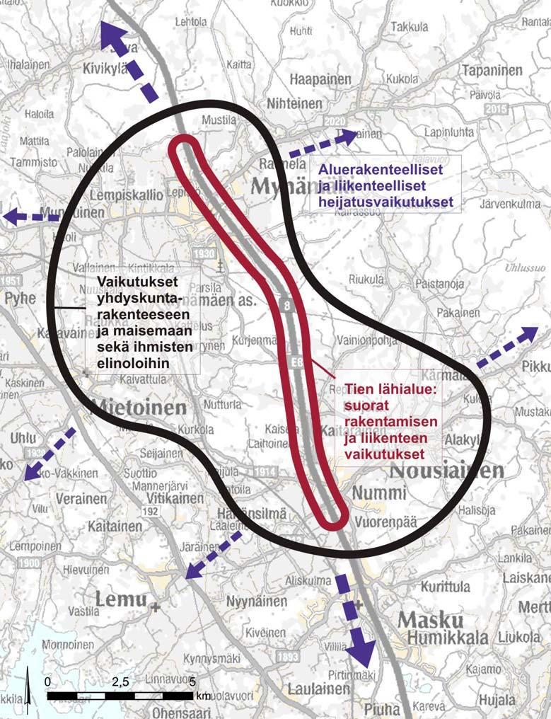 Valtatien 8 nelikaistaistaminen välillä Nousiainen Mynämäki VAIKUTUSTEN ARVIOINTI 27 tuvat laajimmillaan noin yhden kilometrin päähän tiestä.