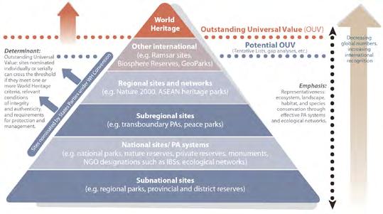 6. Kaavio esittää Maailmanperintökohteen suhdetta muihin kansainvälisiin ja kansallilsiin suojeluohjelmiin.