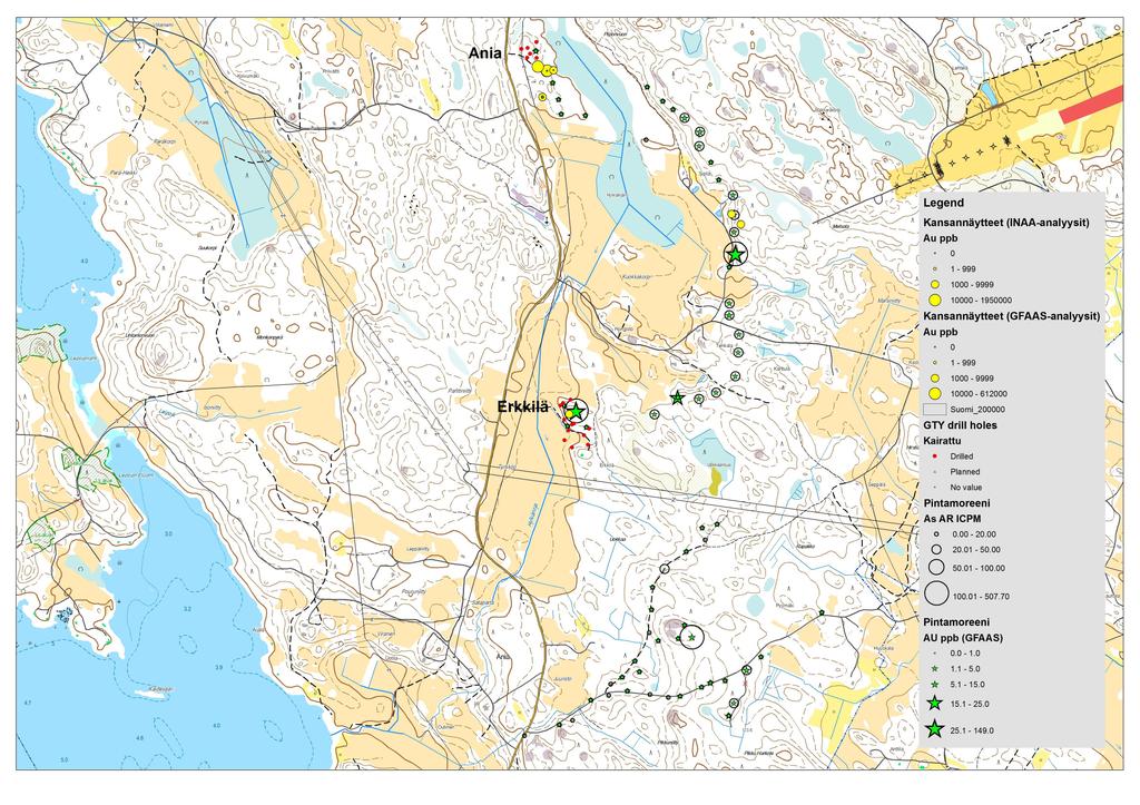 GEOLOGIAN TUTKIMUSKESKUS 2.4 Pirkkalan Erkkilän kultamineralisaatio 8 Geokemia Vuonna 2007 Pirkkalan-Lempäälän alueella tehtiin pintamoreeniin perustuva geokemiallinen tutkimus (Kärkkäinen ym.