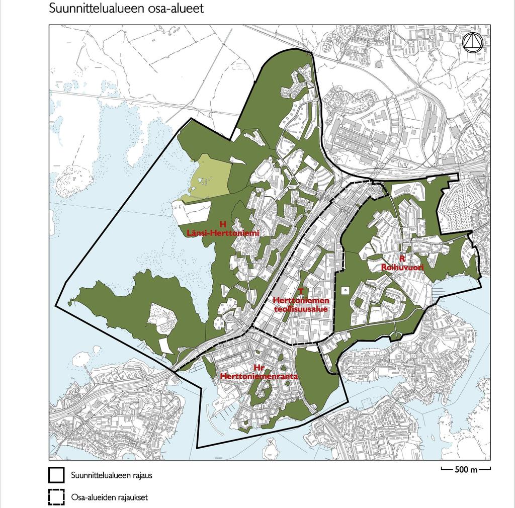2. SUUNNITTELUALUE Roihuuoren luonnonhoitosuunnitela uosille 2006 2015 Suunnitela-alueeseen kuuluat Roihuuoren (R), Herttonieen rannan (Hr) ja Herttonieen teollisuusalue (T).