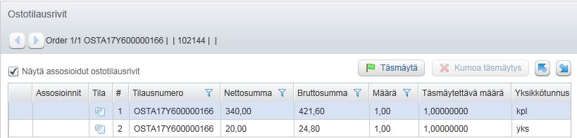 Manuaalinen tilaustäsmäytys Tilausrivin vastaanottorivit saa auki