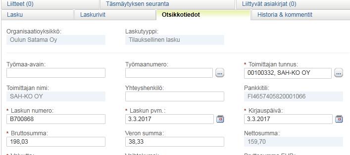 Manuaalinen tilaustäsmäytys Jos verkkolaskudatassa ei ole ollut laskun loppusummaa nettona, se puuttuu myös laskun