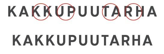 28 groteski toi typografiaan rentoutta ja sopi mielestäni erityisen hyvin tuon antiikvan kursiivin seuraksi otsikoihin. Kuvio 20. Kakkupuutarha-kirjassa käytetyt kirjaintyypit ja leikkaukset.