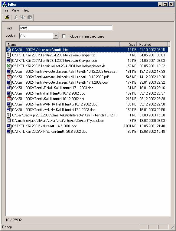 Kirjastoesimerkki Skenaario 3 (Gusfield) Karri oli koodaamassa tiedostohakusovellusta, joka filteröi lähiverkon koneiden levyiltä tiedostoja käyttäjän hakuehdon mukaisesti (jatkuva haku).