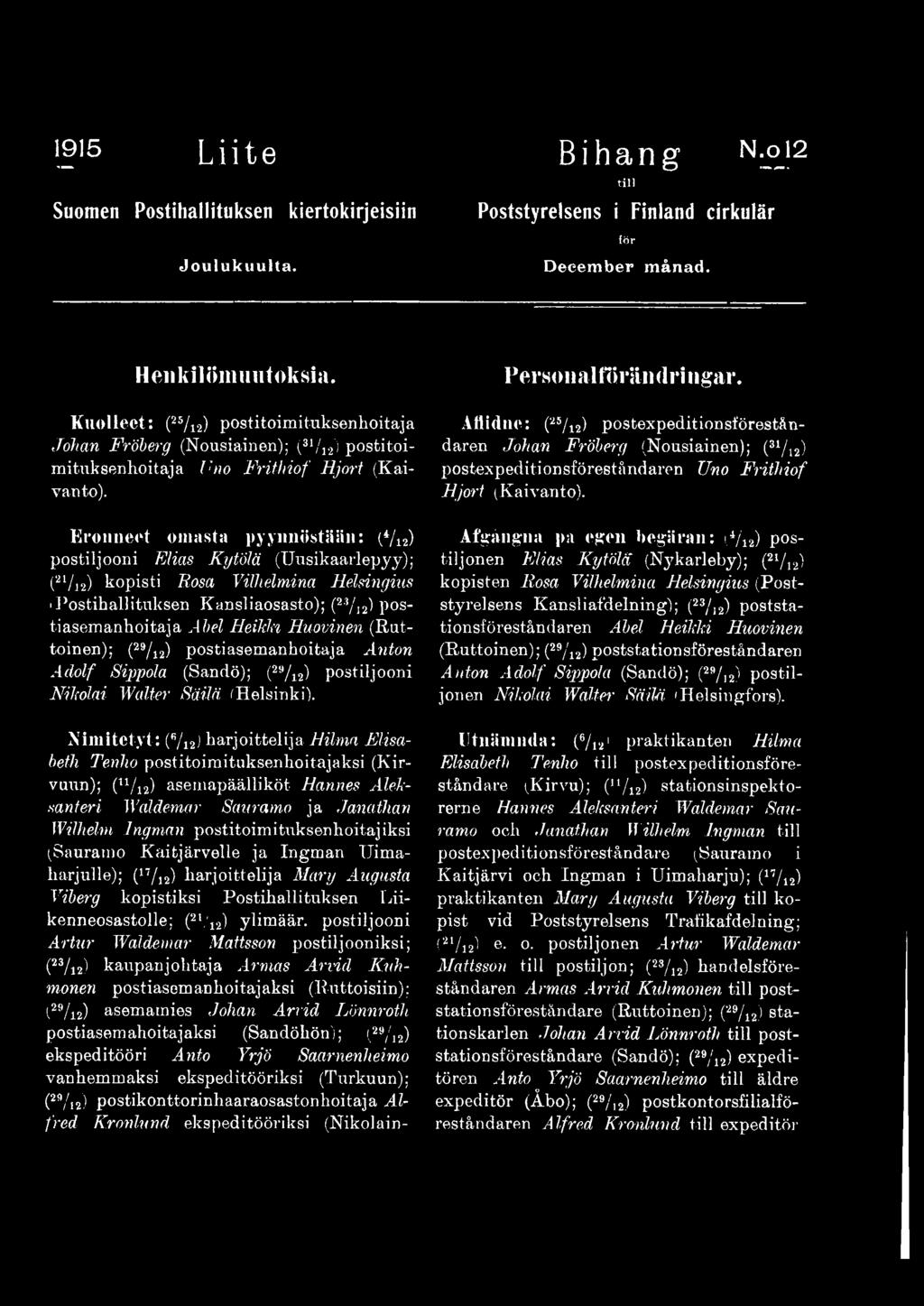 Nimitetyt: (fi/i2) harjoittelija Hilma Elisabeth Tenho postitoimituksenhoitajaksi (Kirvutta); (n/ 12) asemapäälliköt Hannes Aleksanteri Waldemar Sauramo ja Janathan Wilhelm Ingman