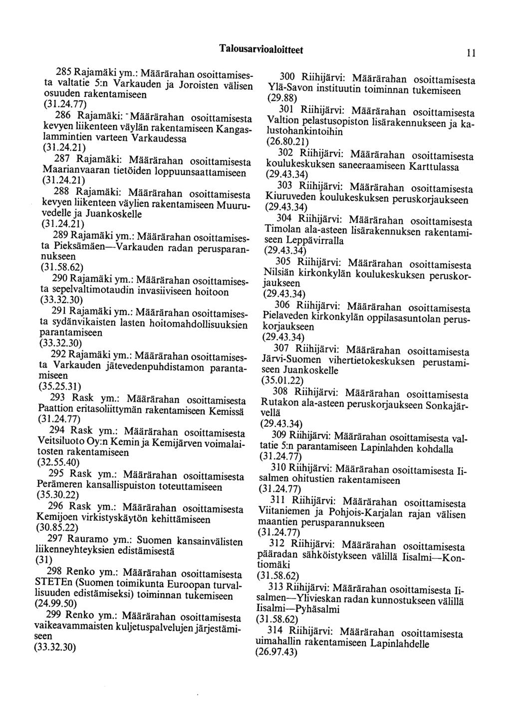 Talousarvioaloitteet 11 285 Rajamäki ym.: Määrärahan osoittamisesta valtatie 5:n Varkauden ja Joroisten välisen osuuden rakentamiseen (31.24.