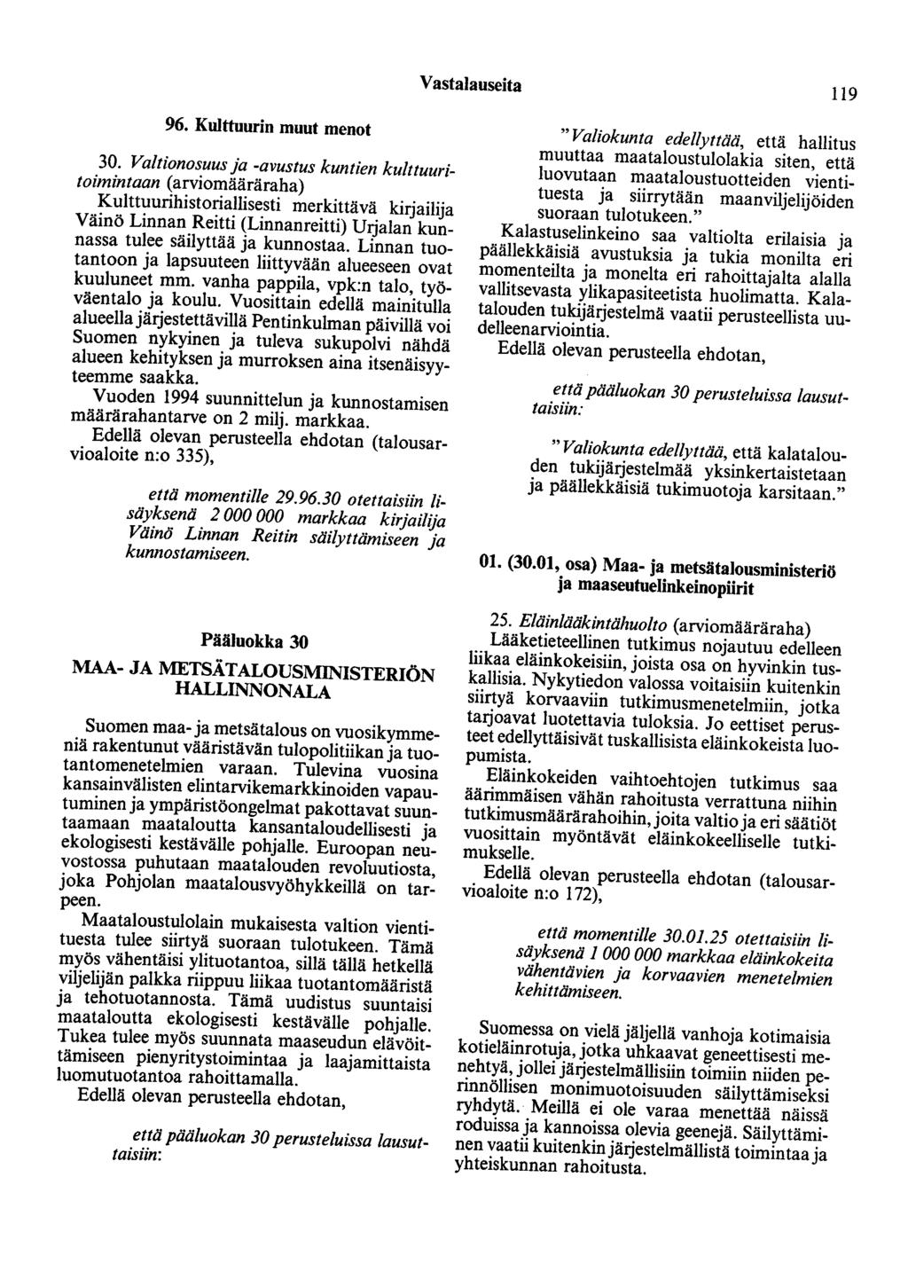 Vastalauseita 119 96. Kulttuurin muut menot 30.