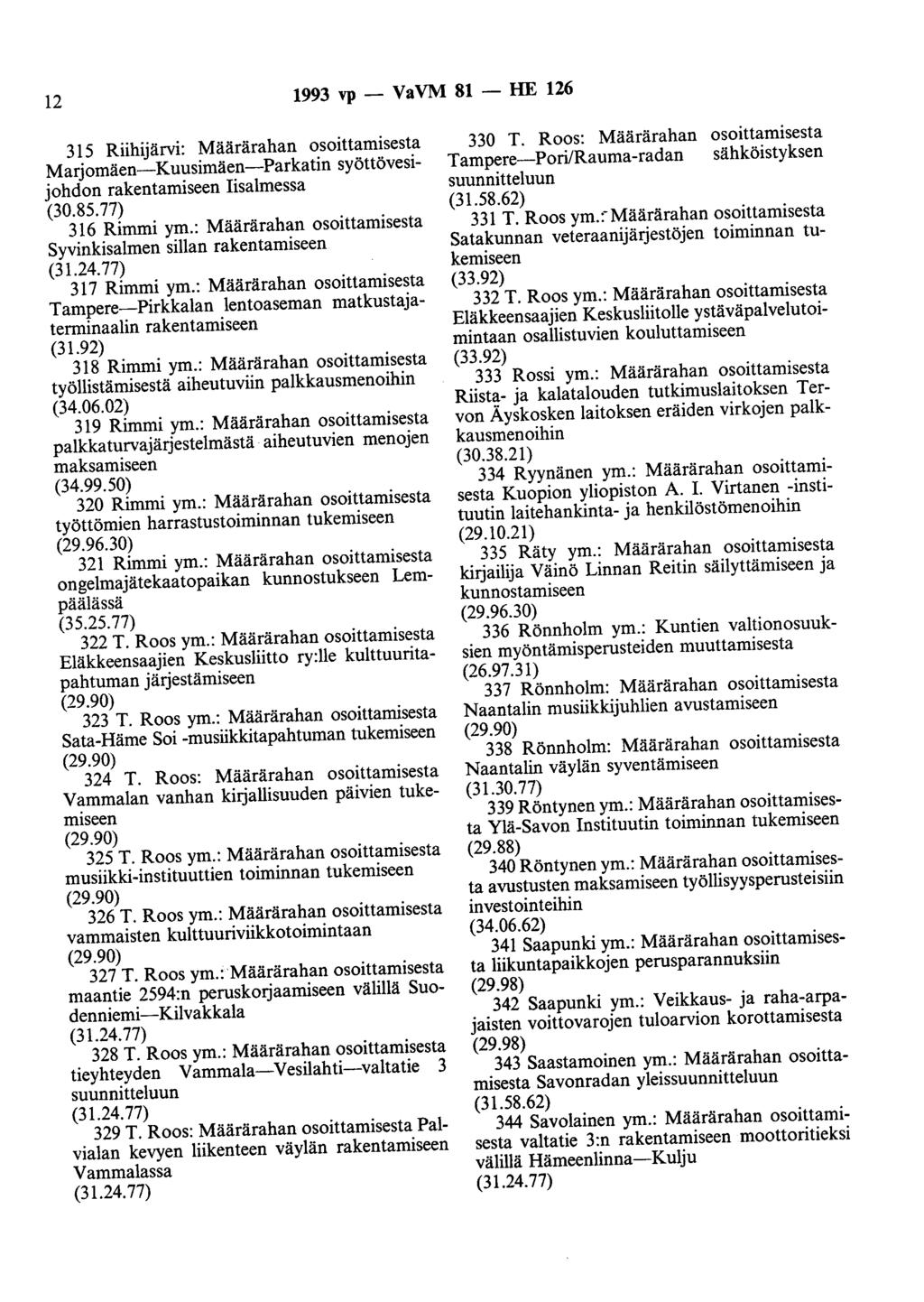 12 1993 vp - VaVM 81 - HE 126 315 Riihijärvi: Määrärahan osoittamisesta Marjomäen-Kuusimäen-Parkatin syöttövesijohdon rakentamiseen Iisalmessa (30.85.77) 316 Rimmi ym.