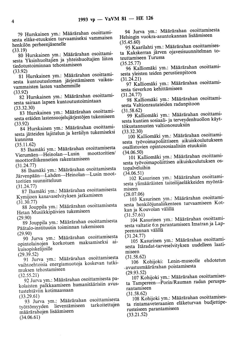 4 1993 vp- VaVM 81- HE 126 79 Hurskainen ym.: Määrärahan osoittamisesta eläke-etuuksien turvaamiseksi vammaisen henkilön perheenjäsenelle (33.19) 80 Hurskainen ym.