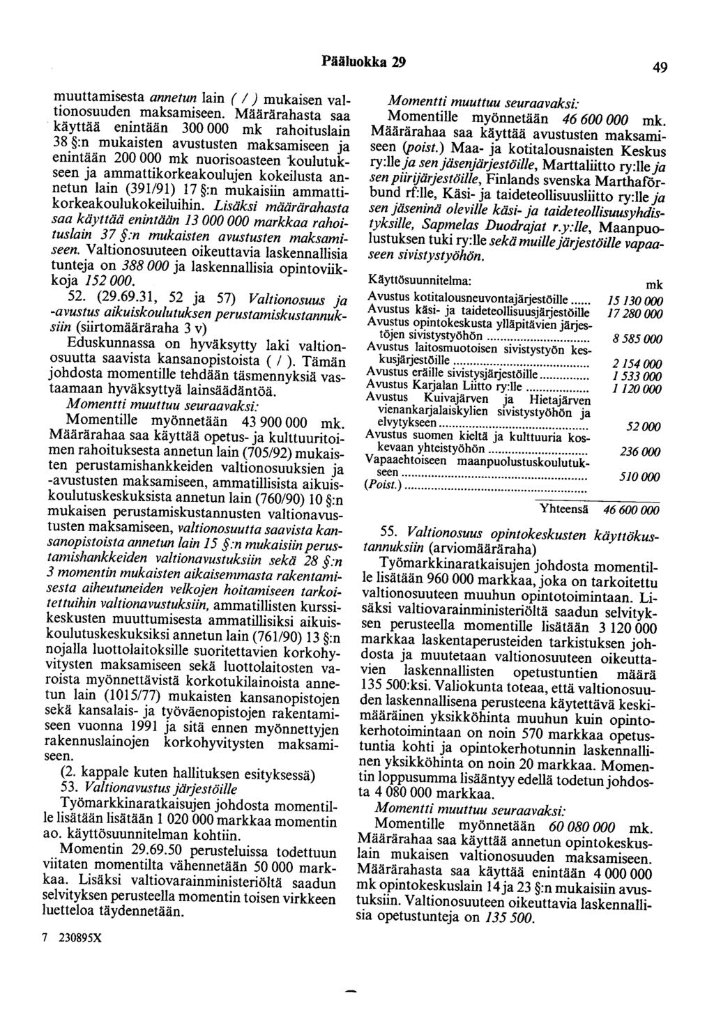 Pääluokka 29 49 muuttamisesta annetun lain ( 1) mukaisen valtionosuuden maksamiseen.