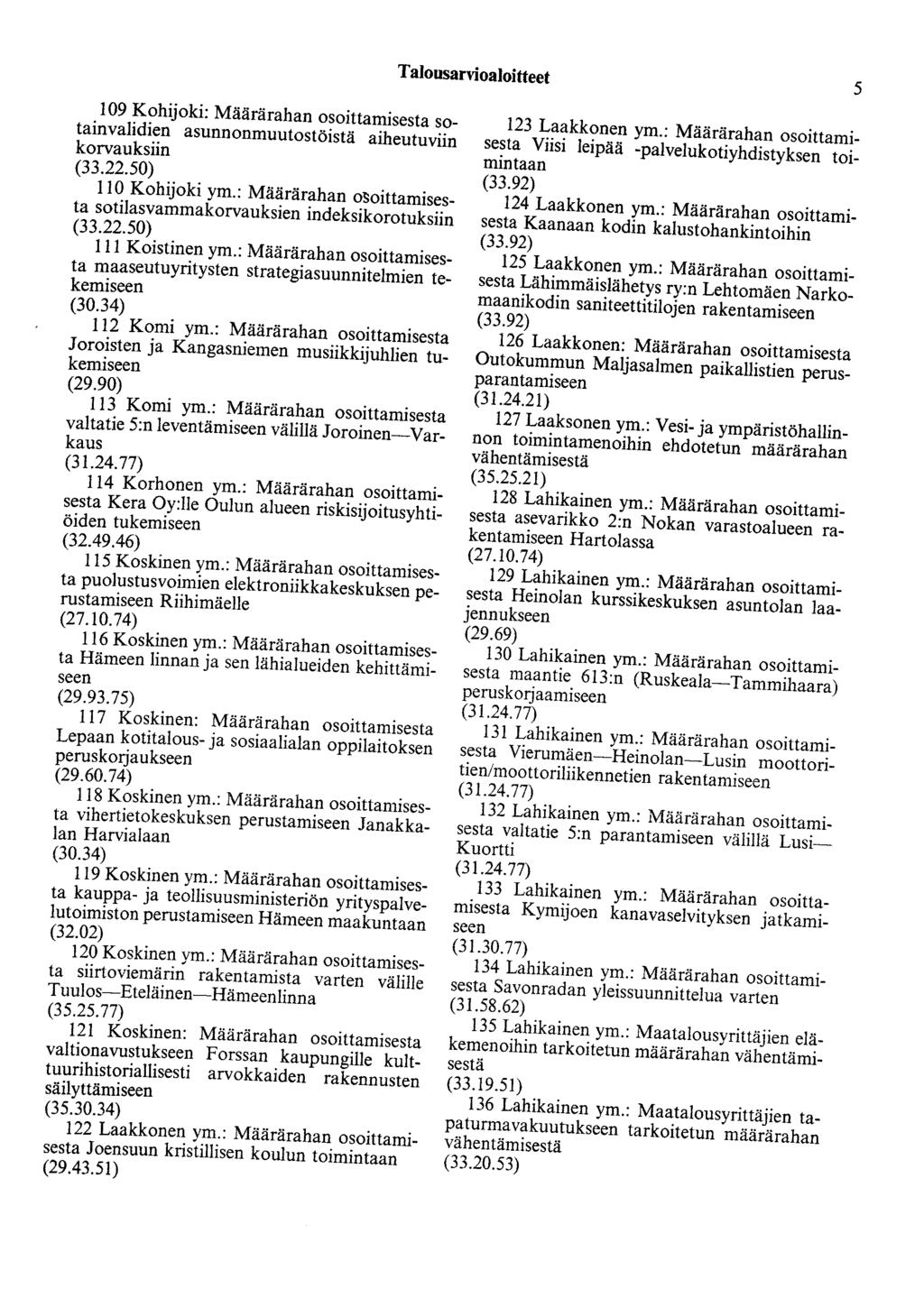 Talousarvioaloitteet 5 109 Kohijoki: Määrärahan osoittamisesta sotainvalidien asunnonmuutostöistä aiheutuviin korvauksiin (33.22.50) 110 Kabijoki ym.