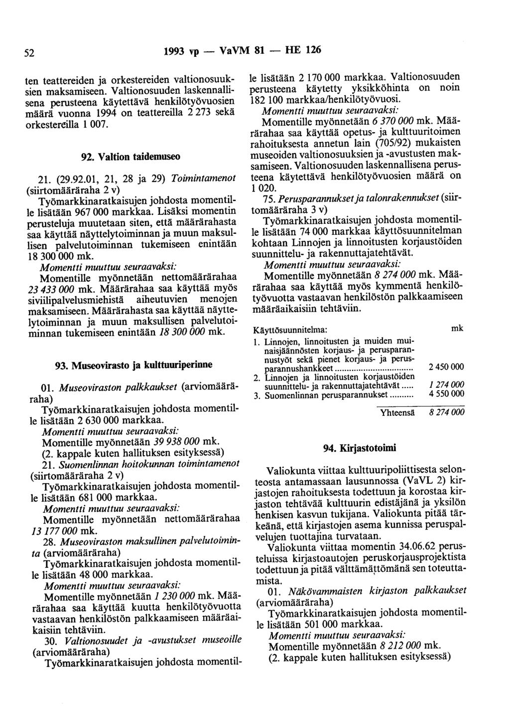 52 1993 vp - VaVM 81 - HE 126 ten teattereiden ja orkestereiden valtionosuuksien maksamiseen.