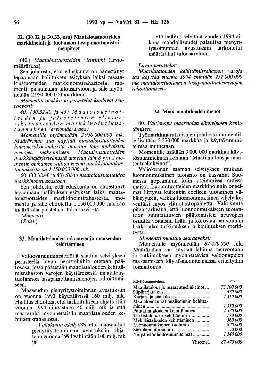 56 1993 vp- VaVM 81 -HE 126 32. (30.32 ja 30.33, osa) Maataloustuotteiden markkinointi ja tuotannon tasapainottamistoimenpiteet (40.